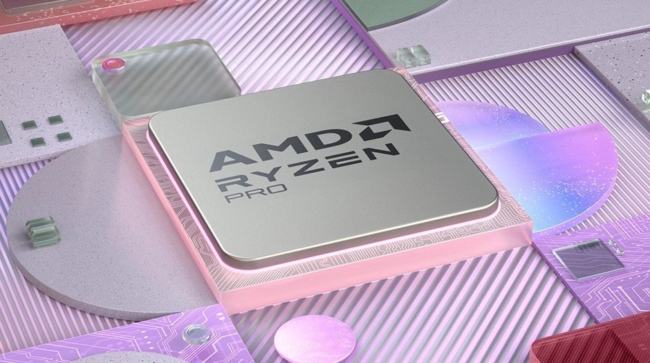 Elegantní procesor AMD Ryzen Pro je umístěn na barevném abstraktním pozadí s geometrickými tvary a technicky inspirovaným vzorem, který vyjadřuje inovativnost.
