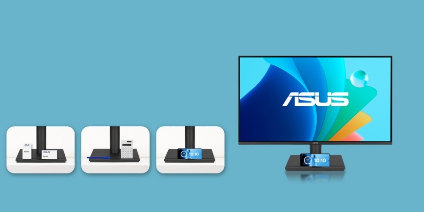 Herní monitor Asus VA279HG černý Detail stojanu Asus VA279HG s držákem na telefon a další drobnosti