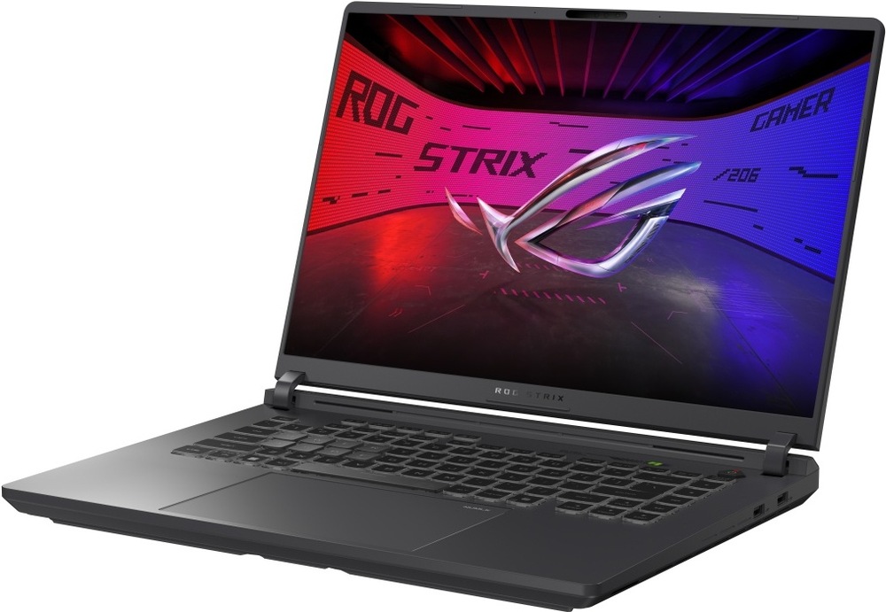 Notebook ASUS ROG Strix G16 v otevřené poloze s herním motivem na displeji při pohledu šikmo ze strany