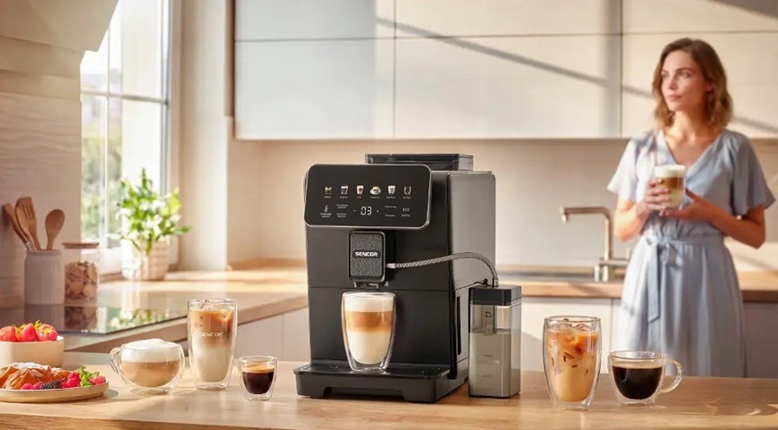 Automatický kávovar Sencor ENZO SES 9400BK V popředí stojí automatický kávovar na kuchyňské lince. V pozadí stojí žena.