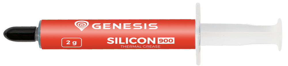 Teplovodivá pasta Genesis SILICON 900 2G šedá Na obrázku je detail teplovodivé pasty Genesis Silicon 900 v injekčním aplikátoru. Stříkačka má červené tělo s bílým nápisem, černou ochrannou krytku na špičce a průhledný píst. Na obalu je uvedena hmotnost 2 g.