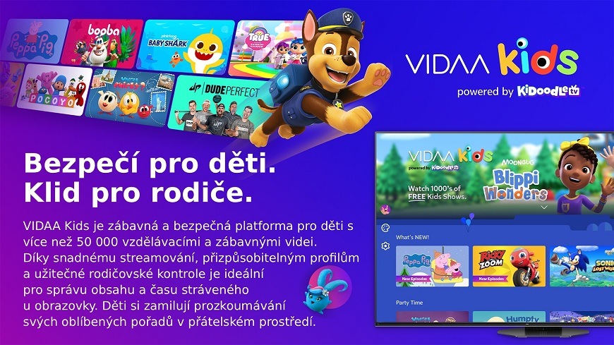 Televize JVC LT-65VDQ9435 Náhled platformy VIDAA Kids s animovaným psem Chase z Tlapkové patroly na pozadí a náhledy dětských pořadů na televizní obrazovce s textem zdůrazňujícím bezpečí pro děti a rodičovskou kontrolu
