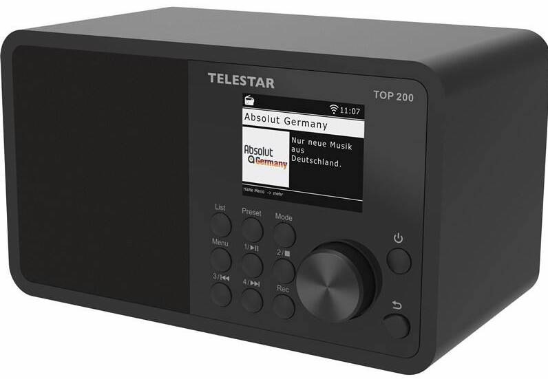 Šikmý pohled na rádio Telestar TOP 200 s kompaktním designem a integrovaným reproduktorem