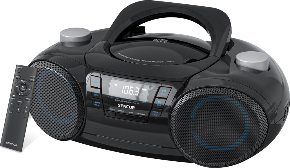 Radiopřijímač s CD Sencor SPT 4710B černý Sencor s dálkovým ovladačem, Bluetooth a CD přehrávačem, pohled z boku.