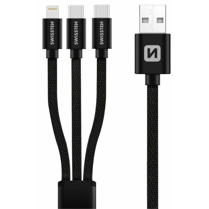 Kabel Swissten 3v1, USB/2x USB-C, Lightning, 1,2 m černý