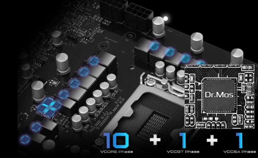 Detail napájecích fází Dr.MOS u základní desky ASRock B860 Pro RS pro stabilní napájení CPU