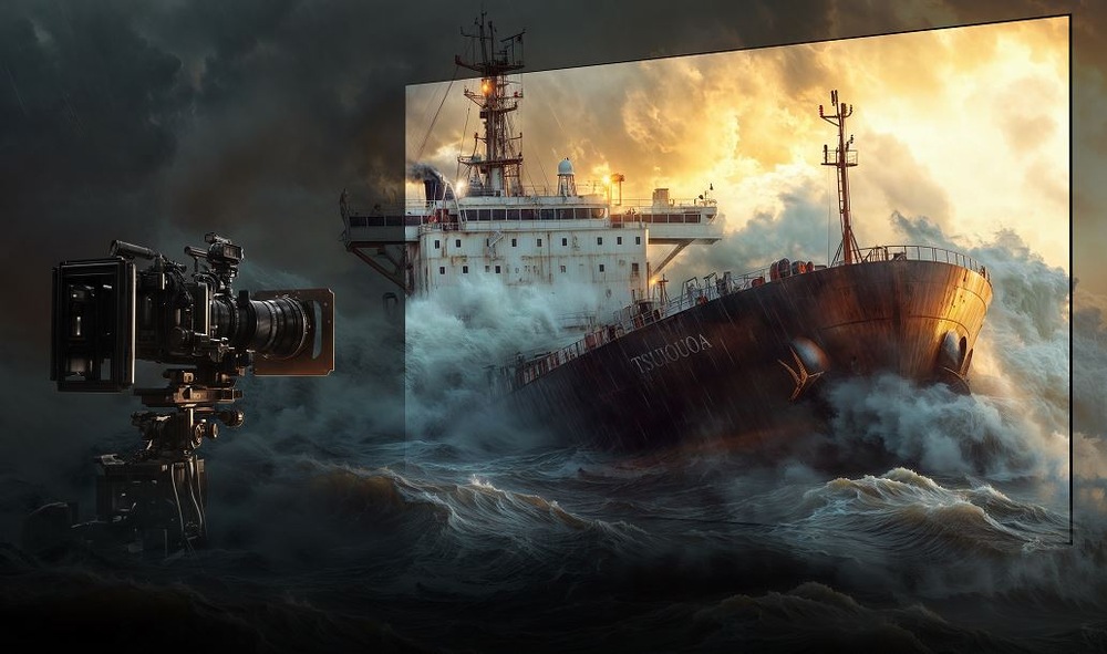 Lod vyplouvá z obrazovky televize Hisense. Pred ní je kamera, je to znázornění filmového režimu, který zachovává původní parametry obrazu.