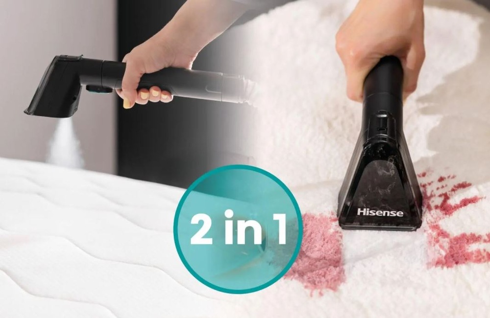 Tepovač koberců Hisense HSSC07A 2in1 Steam IQ černý řešení 2 v 1 tepovače Hisense HSSC07A, v každém ze dvou obrázků je jiné použití: pára a vysávání rozlité tekutiny.
