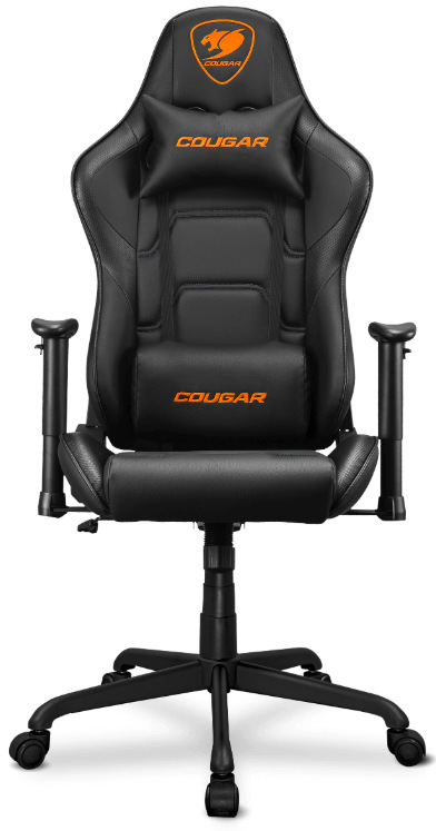 Čelní detail herní židle Cougar Armor Elite v černé barvě s bederním a hlavovým polštářem
