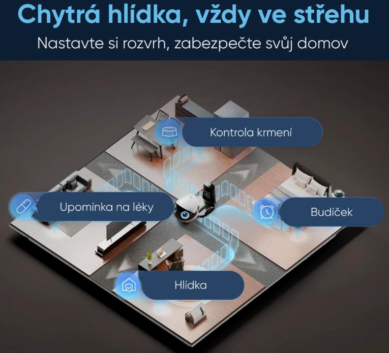 IP kamera Enabot EBO Air 2 Plus projíždějící byt s nastavenou hlídkou, připomínkami a budíkem v aplikaci