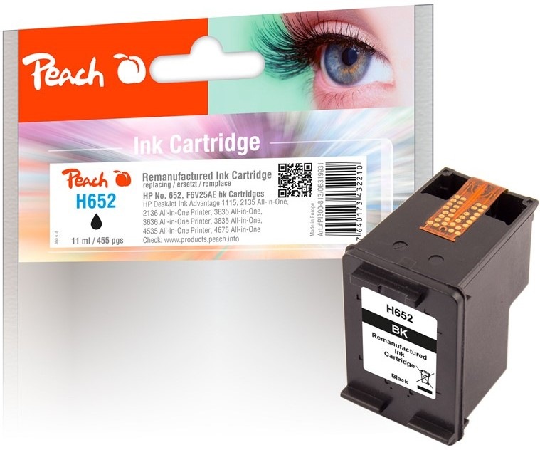 Černá inkoustová náplň Peach HP 652 s výtěžností 455 stran