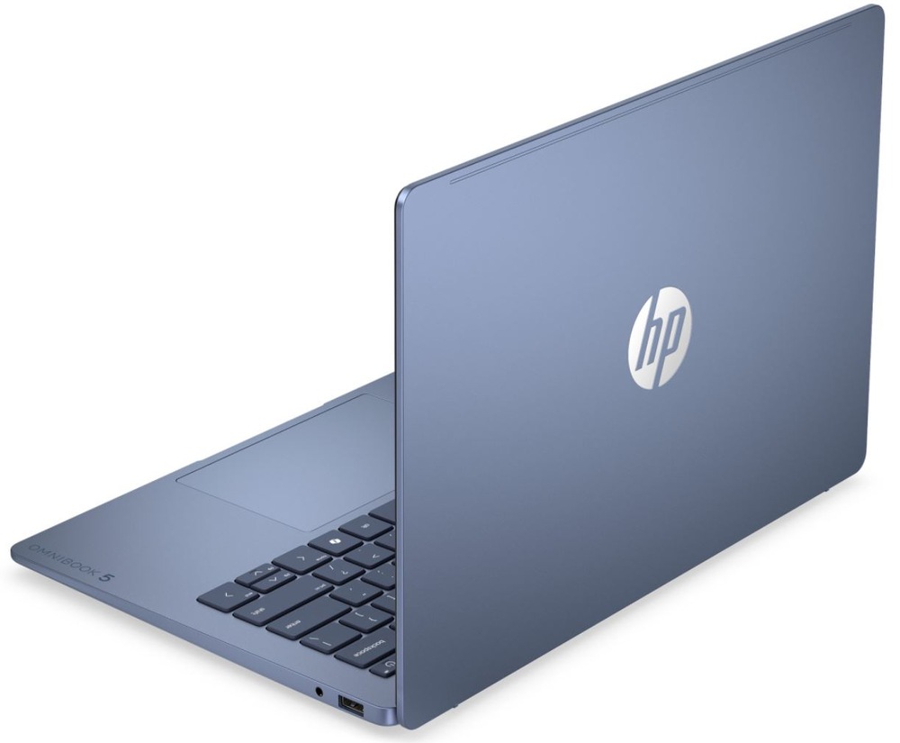 Notebook HP OmniBook 5 AI 14-hm0001ncx + Game Pass předplatné na 2 měsíce modrý Zadní pohled na notebook HP OmniBook 5 s logem HP na víku