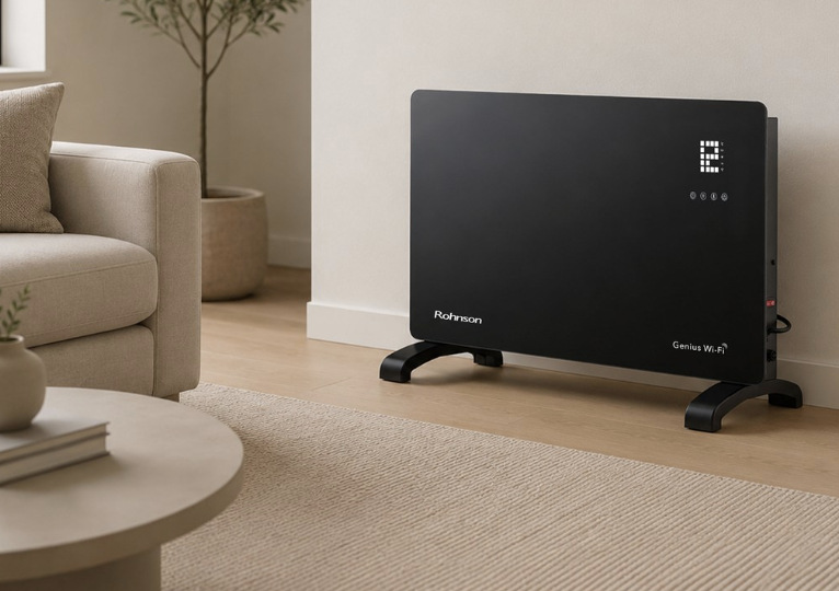 Volně stojící konvektor Rohnson R-040 Genius Wi-Fi umístěný u stěny v obývacím pokoji