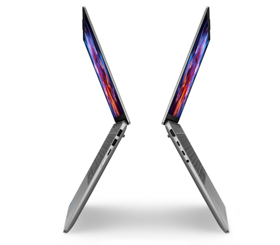 Dva otevřené notebooky Lenovo IdeaPad Slim 5 14AHP11 z obou profilů