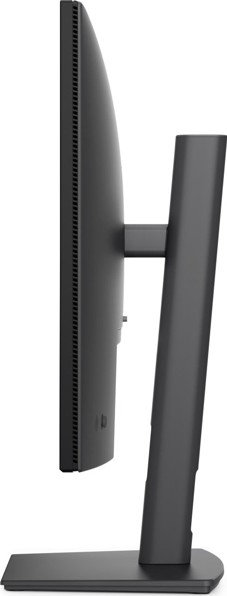 Boční pohled na šedý monitor Dell Pro P2726H s tenkým panelem, větracími otvory po jeho okraji a centrálním stojanem na ploché základně.
