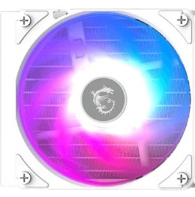 Vodní chladič MSI MAG Coreliquid A13 360 White Na obrázku je detail bílého ventilátoru s výrazným RGB podsvícením. Uprostřed je kulatý střed s logem MSI a kolem něj barevný kruh přecházející z růžové a fialové do modré. Ventilátor je zasazený v bílém čtvercovém rámu a působí moderně a herně.
