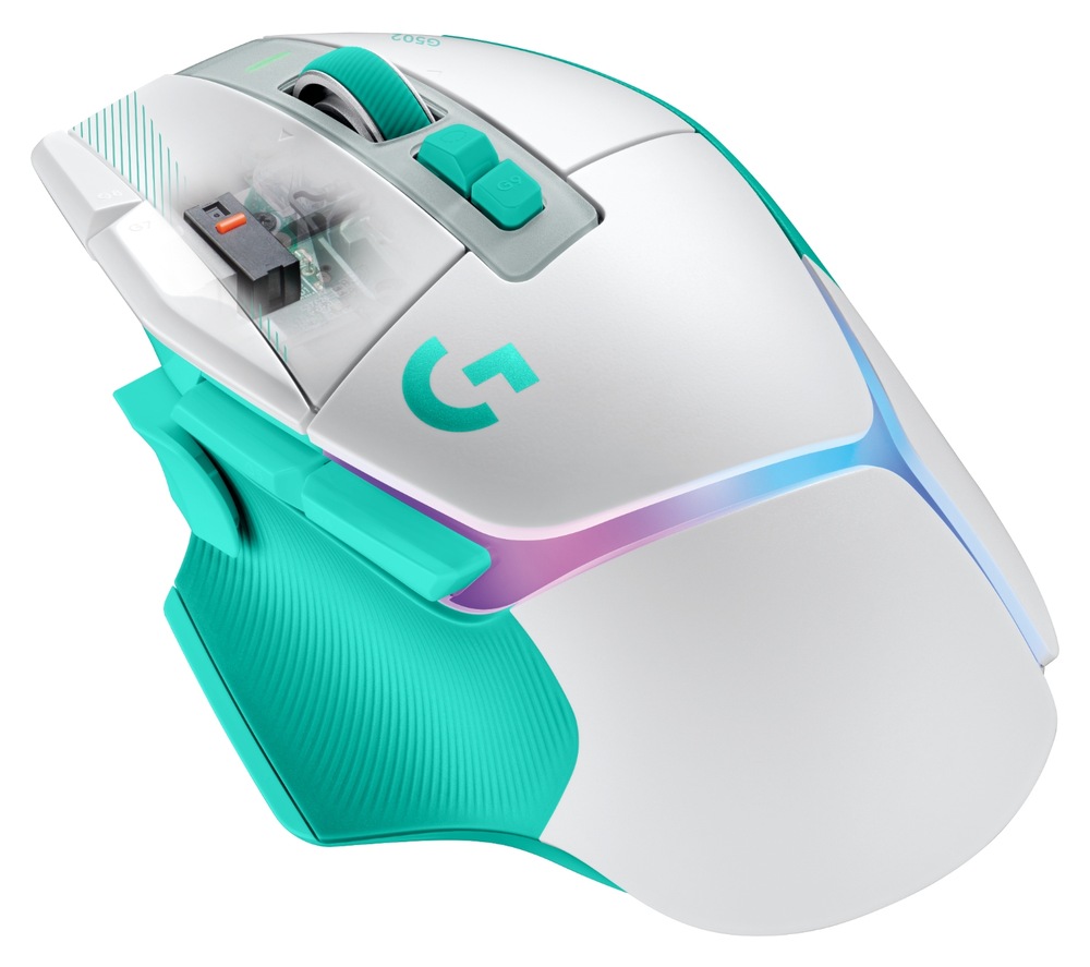 Myš Logitech G502 X Plus mentolová Myš Logitech G502 X Plus v detailním produktovém záběru z horního úhlu s viditelnými programovatelnými tlačítky a podsvícením