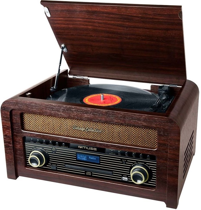 Dřevěný retro gramofon s CD a DAB+ rádiem Muse MT-115 DAB v tmavě hnědé barvě
