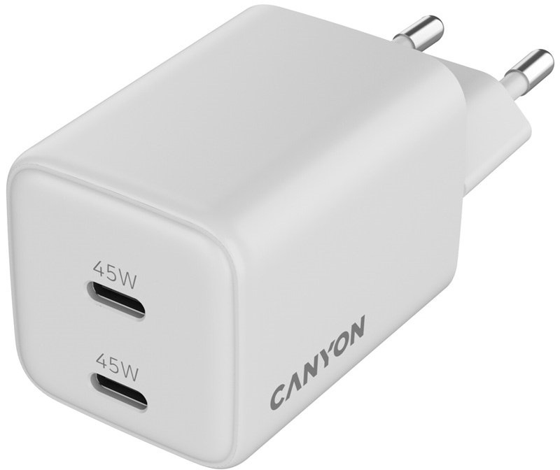 Nabíječka do sítě Canyon GaN 2xUSB-C 45 W - bílá