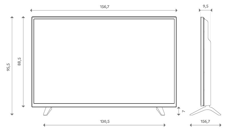 Rozměry televize Blaupunkt 70UGC5500S, zepředu a z boku