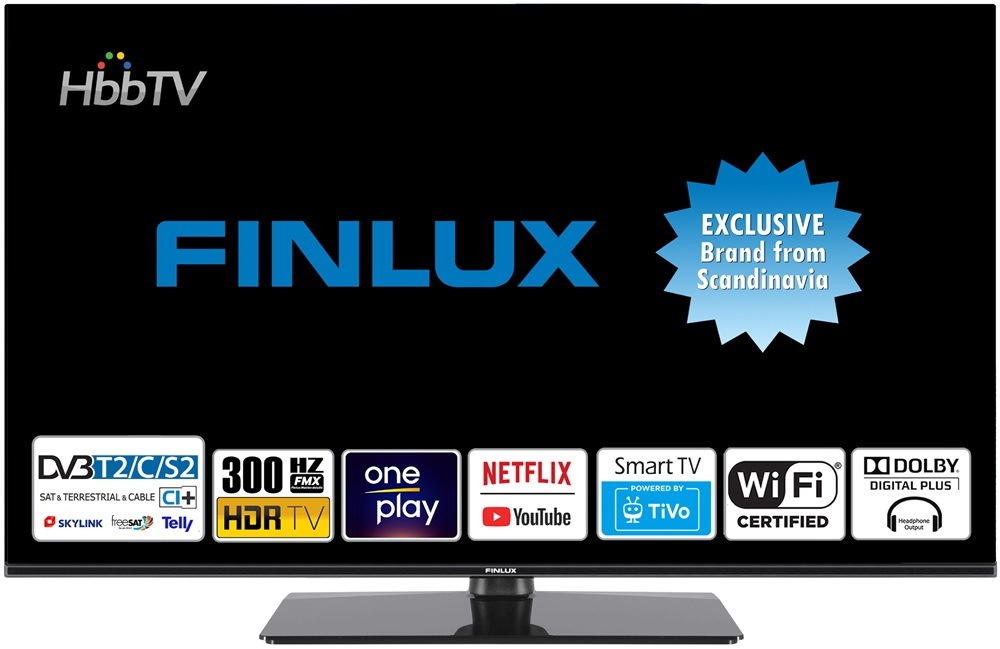 Televize Finlux 32FHI5660 Televize Finlux 32FHI5660, na obrazovce je logo Finlux a loga streamovacích služeb a technologií