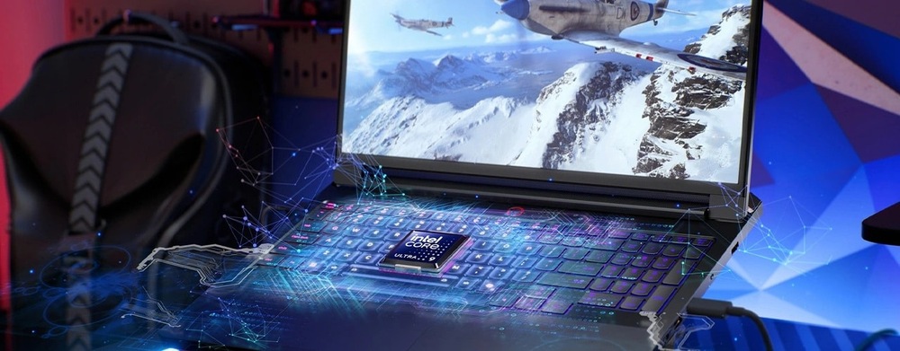 Notebook Lenovo Legion Pro 7 16IAX10H + Game Pass předplatné na 3 měsíce černý Na elegantním notebooku je zobrazena živá letecká bojová hra. Nad klávesnicí se vznáší zářící digitální grafika čipu procesoru Intel Core.