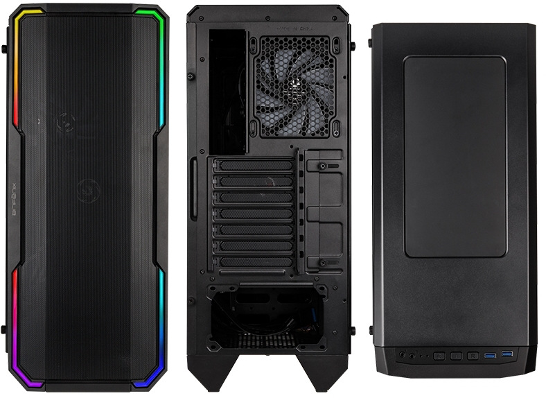 Tři pohledy na PC skříň. Přední, zadní a shora. Jsou zde zachyceny zároveň větrací mřížky, ventilátor na zadní stěně i porty na vrchní straně PC skříně.