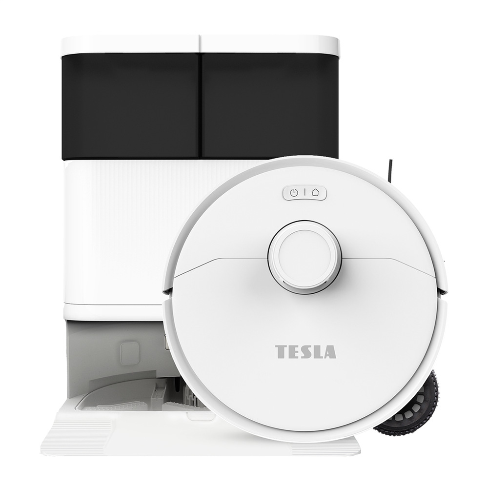 Robotický vysavač Tesla RoboStar iQ900 Ultra stojí na boční hraně před nabíjecí stanicí