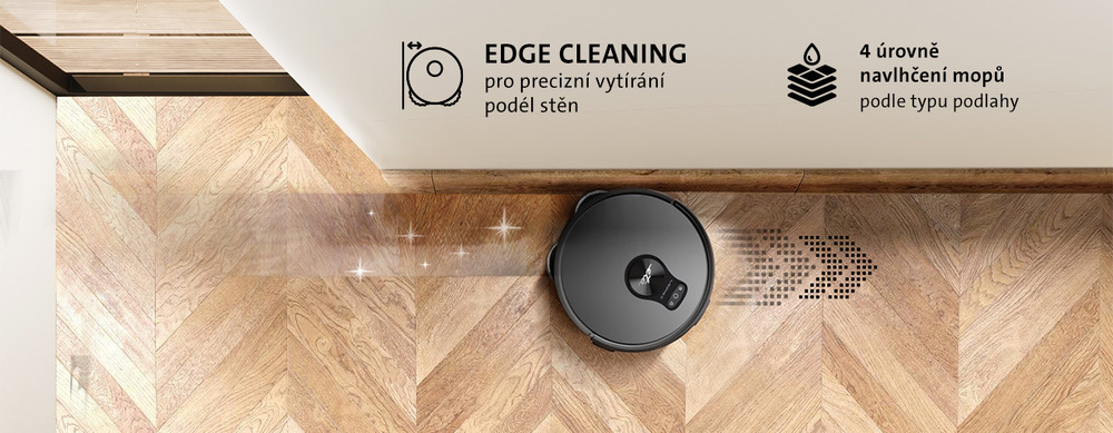 Produktová infografika robotického vysavače ETA Leone 2 zaměřená na pokročilé funkce mopování. Pohled shora zobrazuje černý robotický vysavač, který se pohybuje těsně podél stěny na dřevěné podlaze. Na obrázku jsou zvýrazněny dvě funkce s ikonami: „EDGE CLEANING pro precizní vytírání podél stěn“ a „4 úrovně navlhčení mopů podle typu podlahy“
