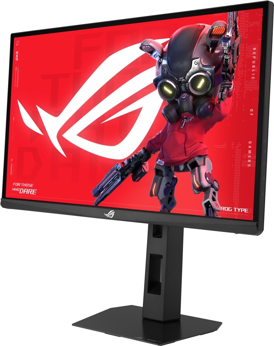 Herní monitor Asus ROG Strix XG248QSG Ace černý Na obrázku je herní monitor ASUS ROG Strix z předního šikmého pohledu. Monitor má černý tenký rámeček, širokoúhlý displej a výškově nastavitelný stojan s plochou hranatou základnou. Na obrazovce je výrazná červená grafika s velkým bílým logem ROG a futuristickou herní postavou. Logo ROG je také na spodní liště monitoru. Celkově monitor působí jako rychlý herní model s výrazným designem Republic of Gamers.
