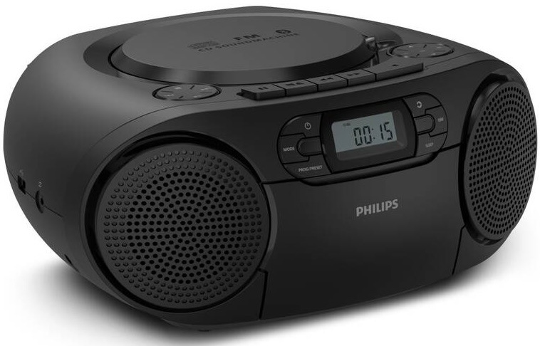 Detail LCD displeje radiomagnetofonu Philips TAZ2200 zobrazující čas 00:15 a popisy tlačítek