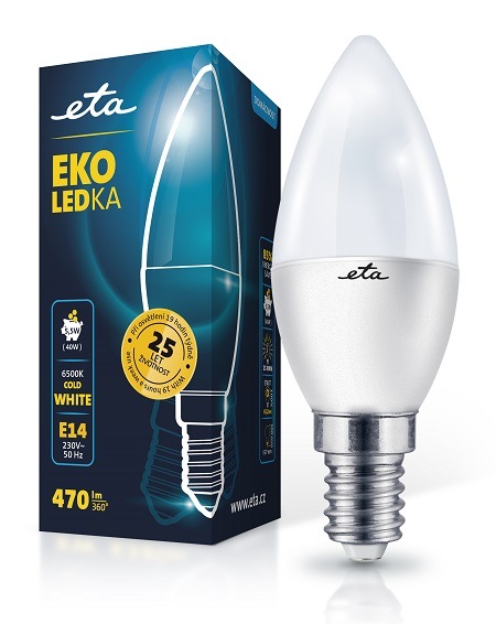 Žárovka LED ETA EKO svíčka 5,5W, E14, studená bílá