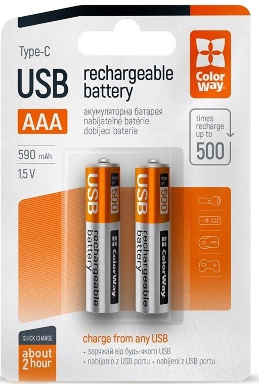 Baterie nabíjecí ColorWay AAA, 590mAh, USB port, 1.5V, 2ks v balení