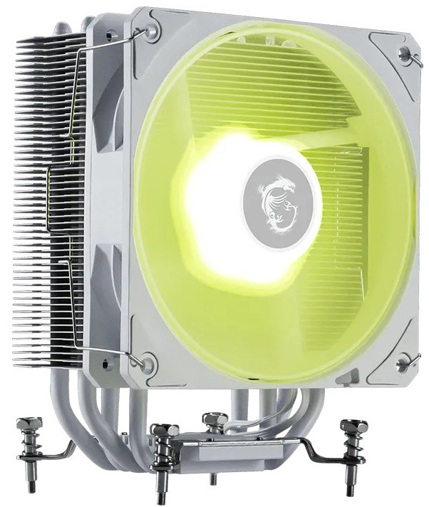 Na obrázku je chladič CPU MSI MAG COREFROZR AA13 – věžový vzduchový chladič se šedým 120mm ventilátorem, který svítí žluto-zeleně a má uprostřed logo MSI. Za ventilátorem je blok hustých kovových žeber, dole jsou vidět 4 stříbrné heatpipe a montážní držák se šrouby.