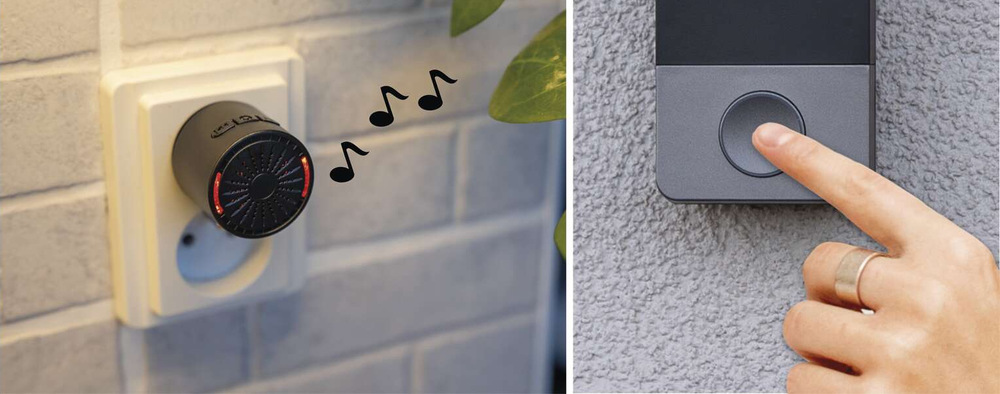 Videozvonek EMOS GOSMART IP-20PoE šedý Bezdrátový přijímač videozvonku EMOS v elektrické zásuvce a prst mačkající tlačítko zvonku EMOS GoSmart IP-20 při příchodu návštěvy