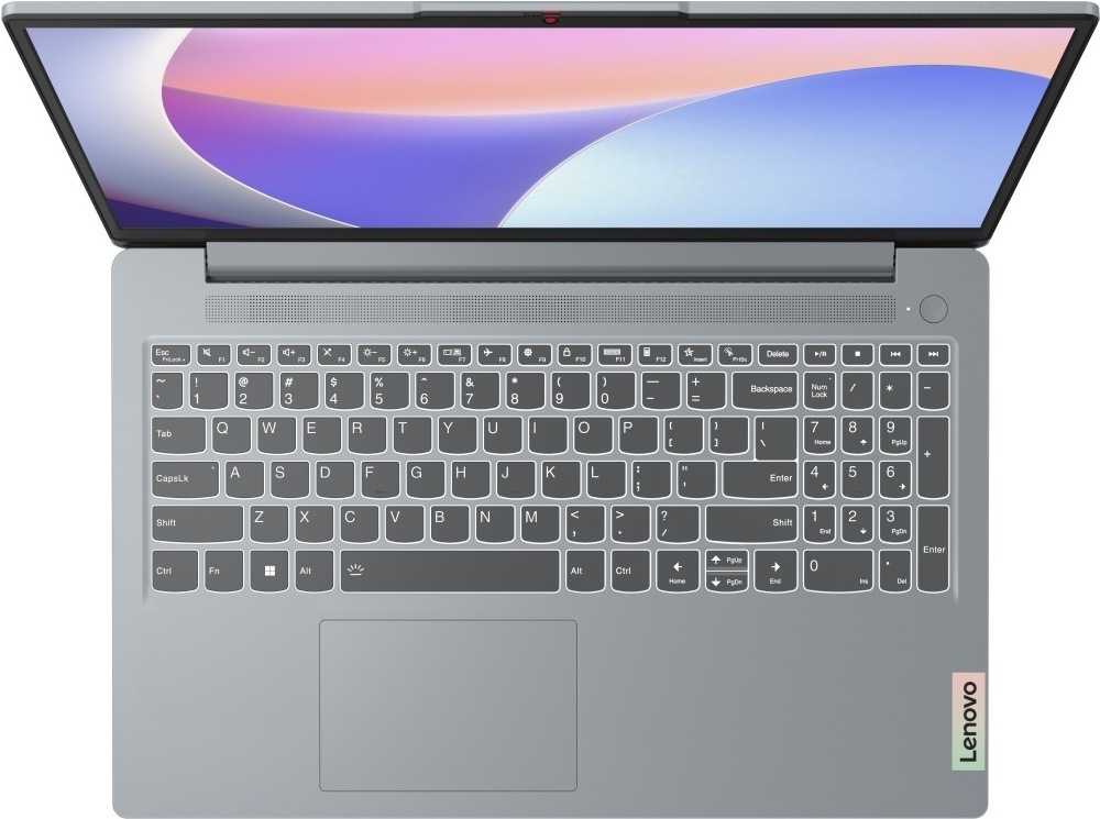 Notebook Lenovo IdeaPad Slim 3 15ABR8 šedý Pohled shora na otevřený notebook s prostornou klávesnicí
