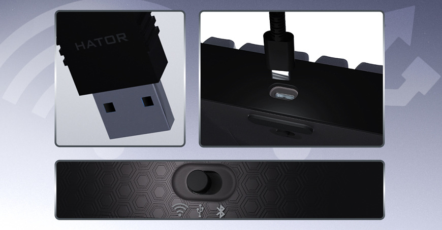 USB přijímač, konektor USB-C a přepínač připojení klávesnice HATOR Skyfall Pro Wireless