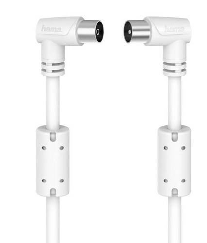 Koaxiální kabel Hama 90 dB, kolmé konektory, 3m bílý