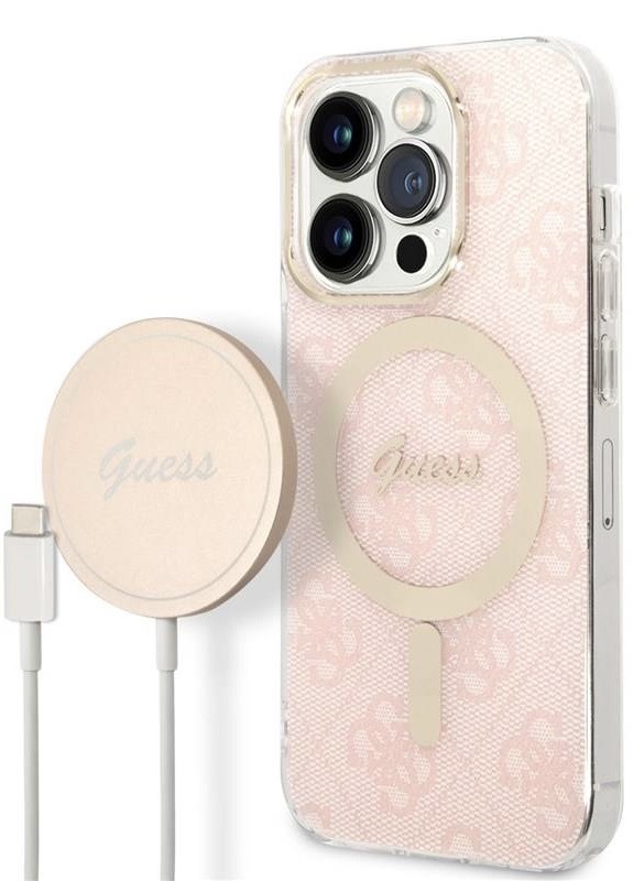 Kryt na mobil Guess 4G MagSafe na Apple iPhone 14 Pro + bezdrátová nabíječka růžový