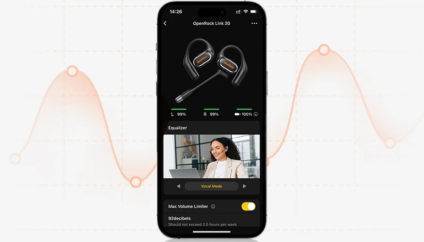 Sluchátka OneOdio OpenRock Link 20 – Sportovní otevřená bezdrátová, odpojitelný mikrofon, Bluetooth černá Smartphone s mobilní aplikací umožňující nastavení sluchátek OpenRock Link 20