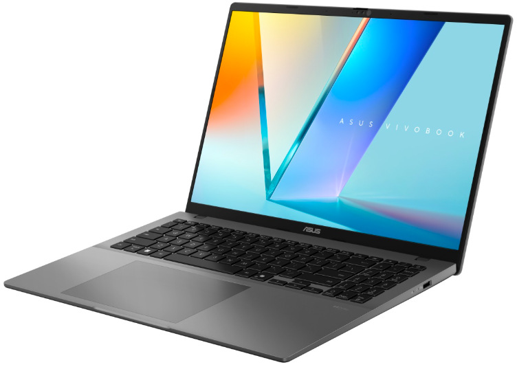 Otevřený ASUS Vivobook S16 z pravého úhlu s šedým tělem a OLED displejem