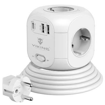 Kabel prodlužovací Viking AC CUBE PD, 4x zásuvka, 2x USB QC, 1x USB-C PD, 1,8m bílý