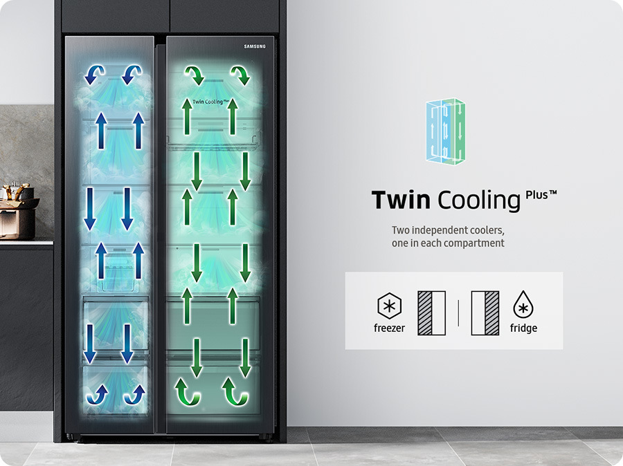 Americká lednice Samsung RS66DG815CSLEF stříbrná Lednice s vyznačením dvojího chlazení Twin Cooling