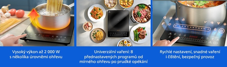 Indukční vařič Philips HD5850/90 5000 Series s výkonem až 2000 W nabízí rychlé a úsporné vaření, intuitivní dotykové ovládání a 8 přednastavených programů pro snadnou přípravu různých pokrmů.