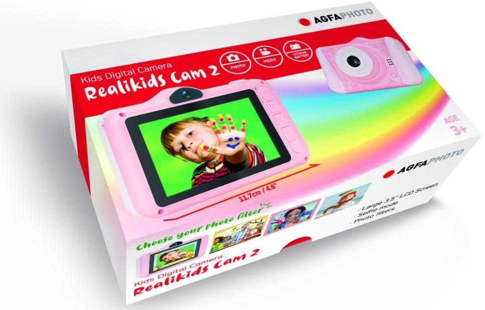 Digitální fotoaparát AgfaPhoto Realikids Cam 2 růžový Balení dětského fotoaparátu AgfaPhoto Realikids Cam 2 s popisem funkcí.