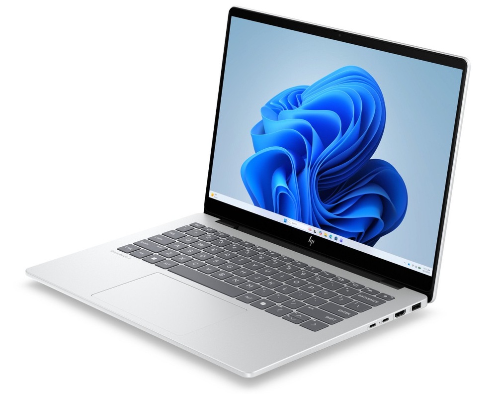 Notebook HP OmniBook 7 AI 14-hg0070ncx + Game Pass předplatné na 2 měsíce stříbrný Otevřený a zapnutý notebook HP OmniBook 7 AI 14-hg0070ncx otočený doleva