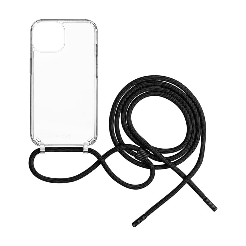 Kryt na mobil FIXED Pure Neck s černou šňůrkou na krk na Samsung Galaxy A35 5G průhledný