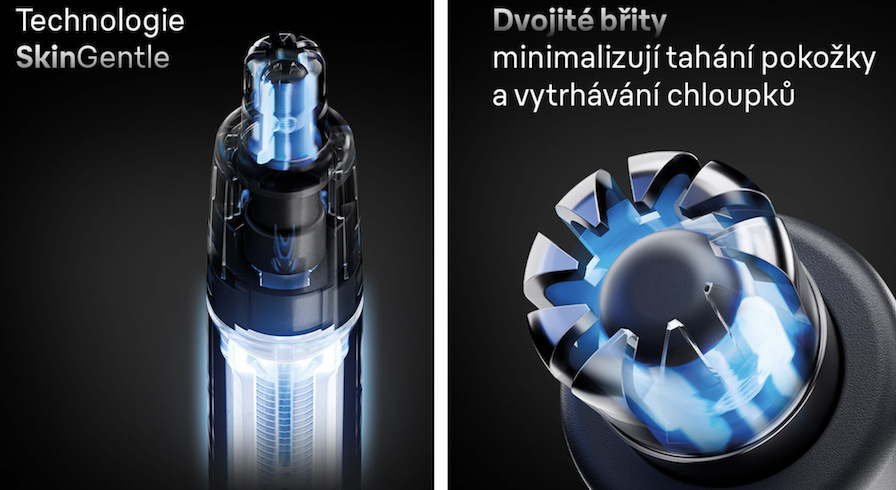 Detail technologie SkinGentle a dvojitých břitů zastřihovače Braun EN20