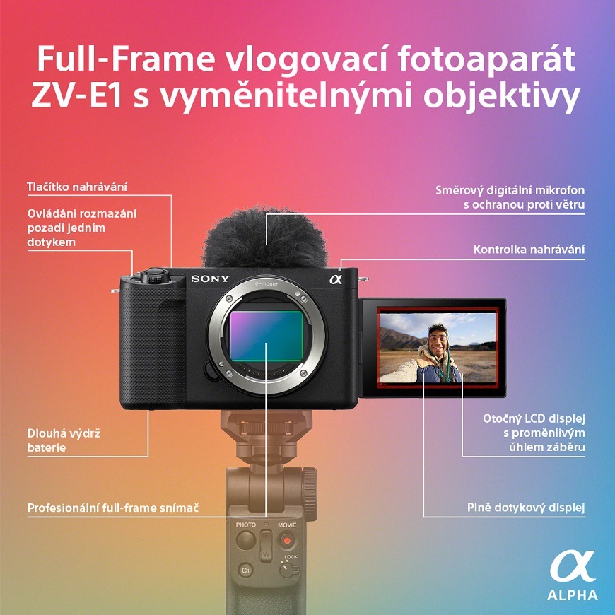 Digitální fotoaparát Sony ZV-E1, tělo černý Full-Frame vlogovací fotoaparát Sony ZV-E1 s vyměnitelnými objektivy