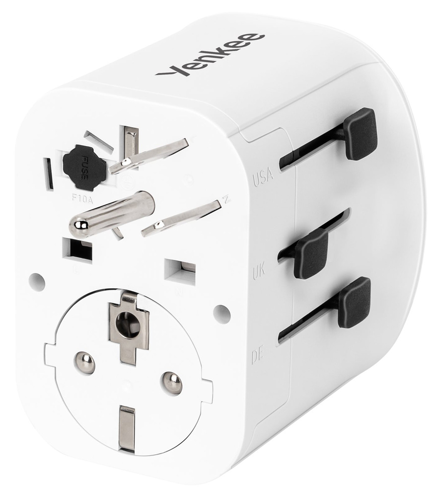 Cestovní adaptér YENKEE UN1 univerzální EU/UK/USA, 3x USB bílý